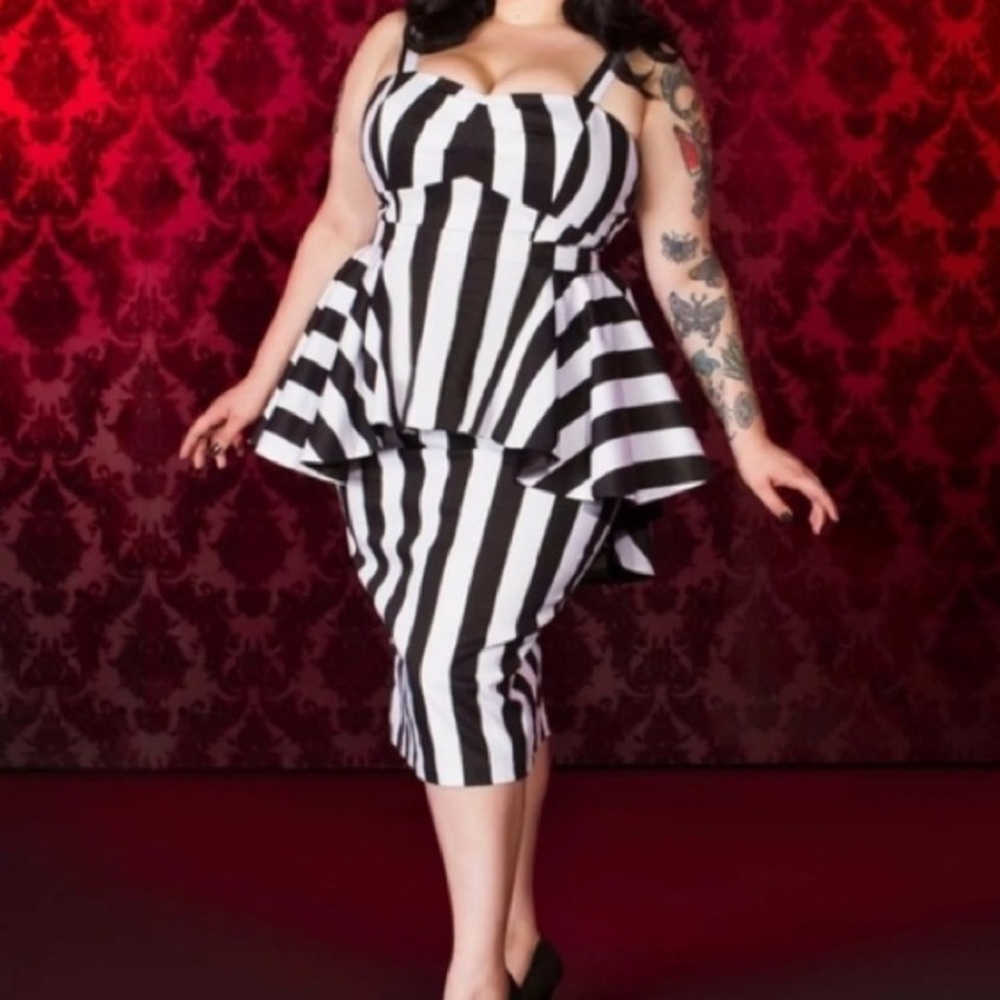Black and White Striped Peplum Midi Dress - Picture 12 of 13